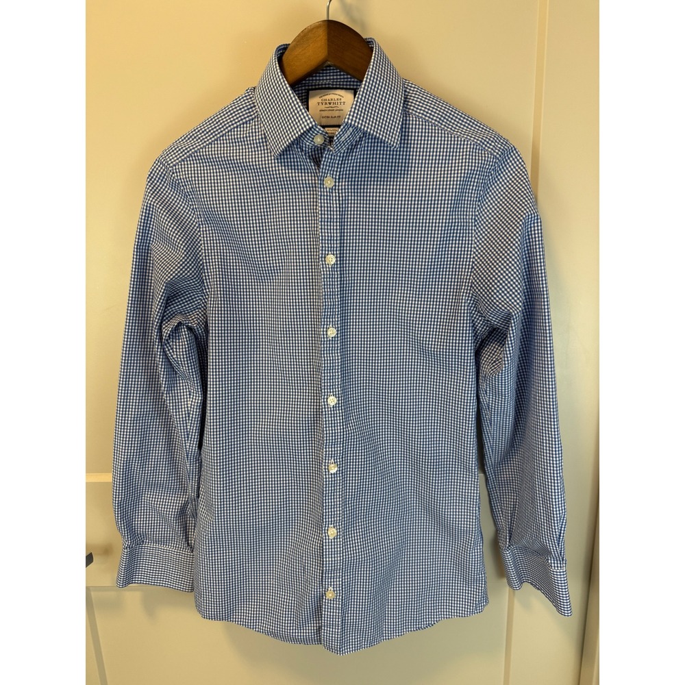 Charles Tyrwhitt Extra Slim Fit Blue Mini Gingham Oxford Shirt Size 14.5/33